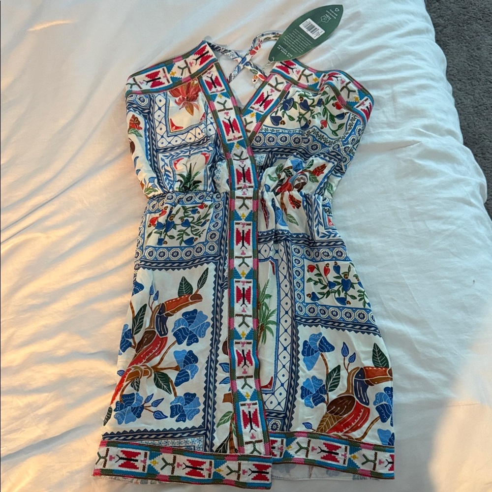 FARM Rio White Halter Mini Dress with Blue, Red & Green Floral Print